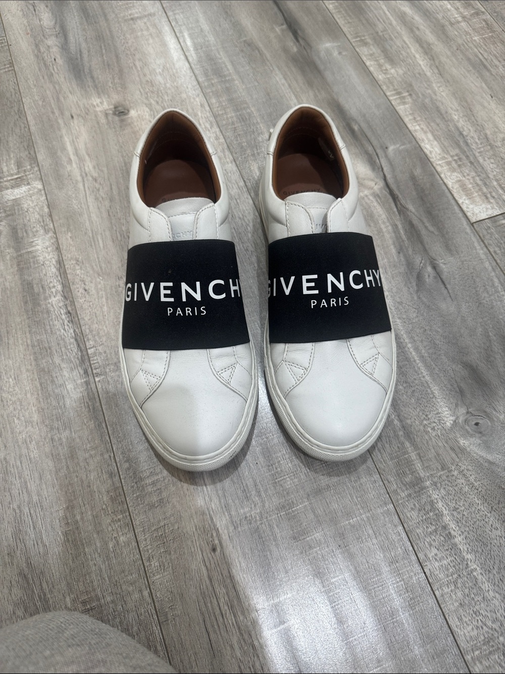 Givenchy White Leather Slip-Ons with Black Logo Band